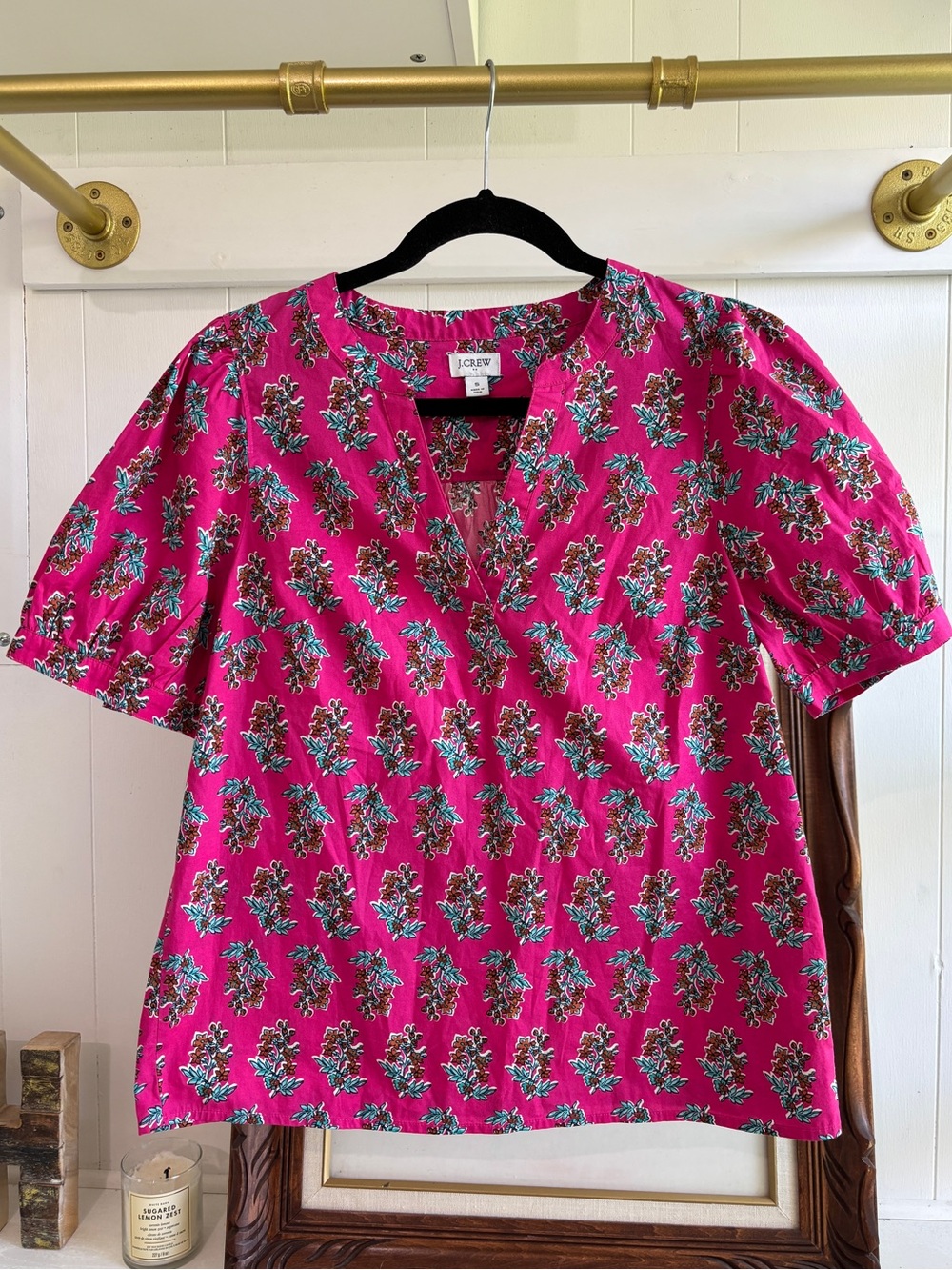 J. Crew Bright Pink Floral Puff Short Sleeve Top Blouse Cotton Block Print S / M